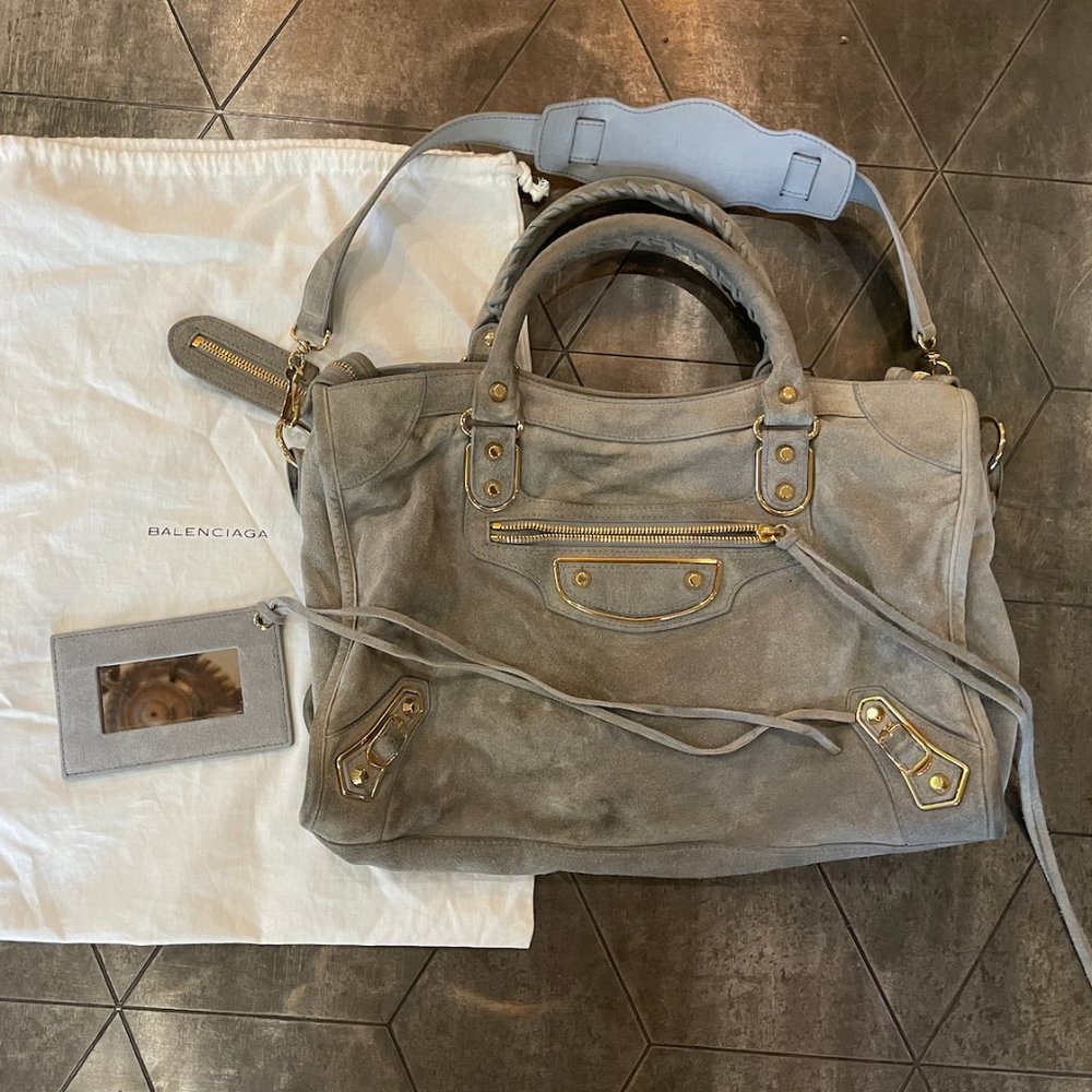 Balenciaga Metallic Edge Suede City Bag, Gray